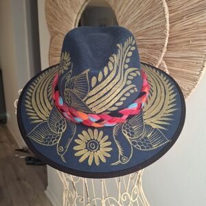 Josephine Alexander Womens Navy And Gold Felt Hat With Colorful Braid Trim